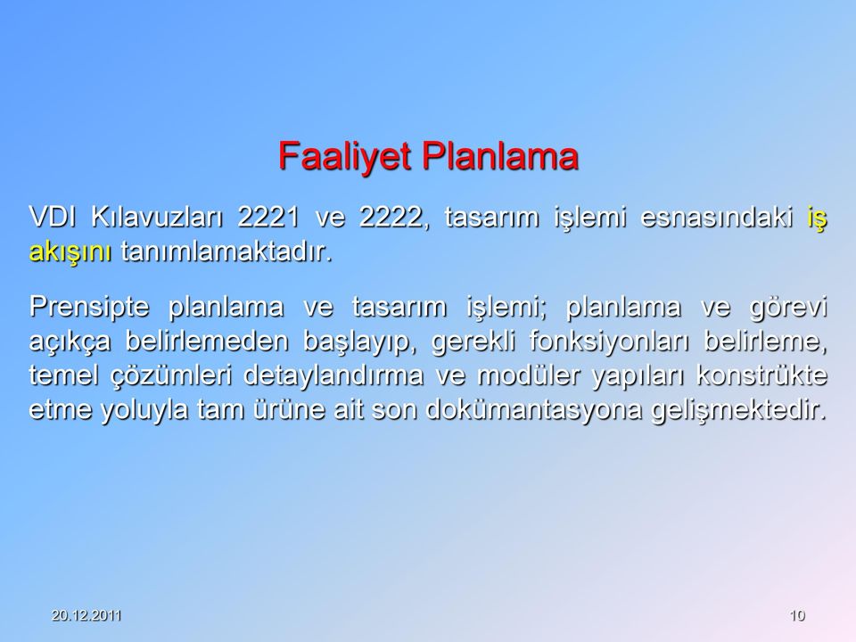 Prensipte planlama ve tasarım işlemi; planlama ve görevi açıkça belirlemeden başlayıp,