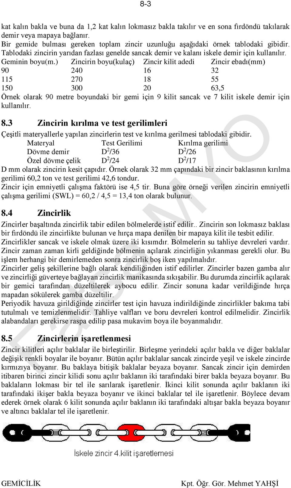 ) Zincirin boyu(kulaç) Zincir kilit adedi Zincir ebadı(mm) 90 240 16 32 115 270 18 55 150 300 20 63,5 Örnek olarak 90 metre boyundaki bir gemi için 9 kilit sancak ve 7 kilit iskele demir için