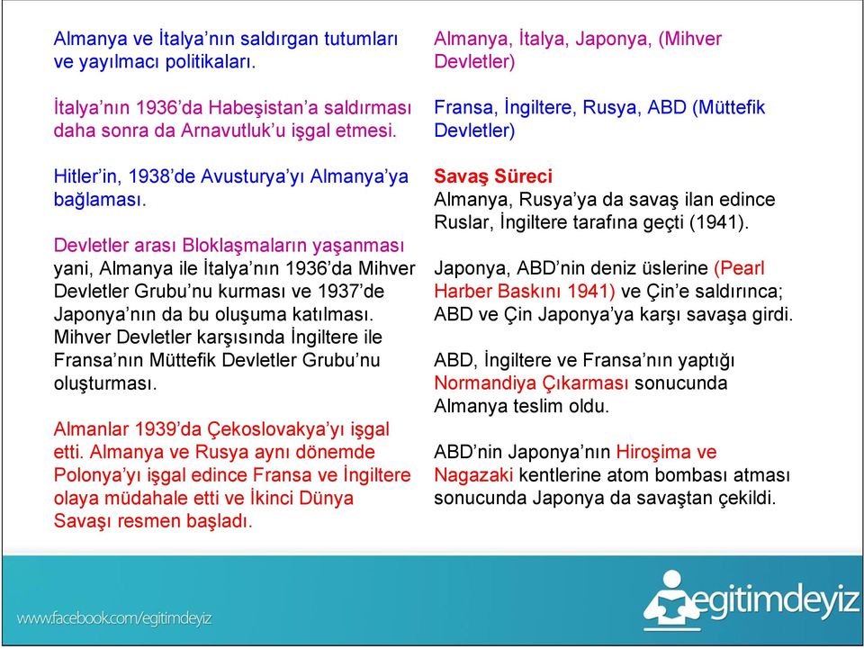 Devletler arası Bloklaşmaların yaşanması yani, Almanya ile İtalya nın 1936 da Mihver Devletler Grubu nu kurması ve 1937 de Japonya nın da bu oluşuma katılması.