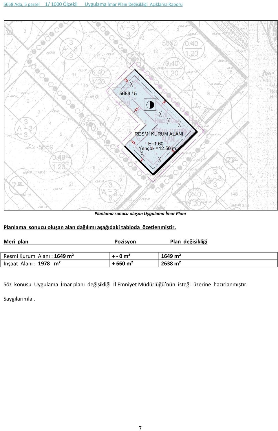 Meri plan Pozisyon Plan değişikliği Resmi Kurum Alanı : 1649 m² + - 0 m² 1649 m² İnşaat Alanı : 1978 m² +