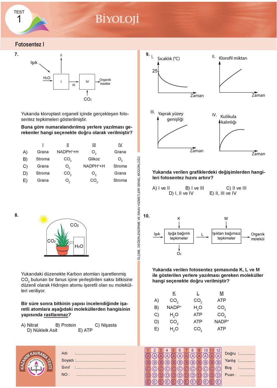 B) Stroma CO 2 Glikoz O 2 C) Grana O 2 NADPH + +H Stroma D) Stroma CO 2 O 2 Grana E) Grana O 2 CO 2 Stroma CO2 CO2 H2O 10.