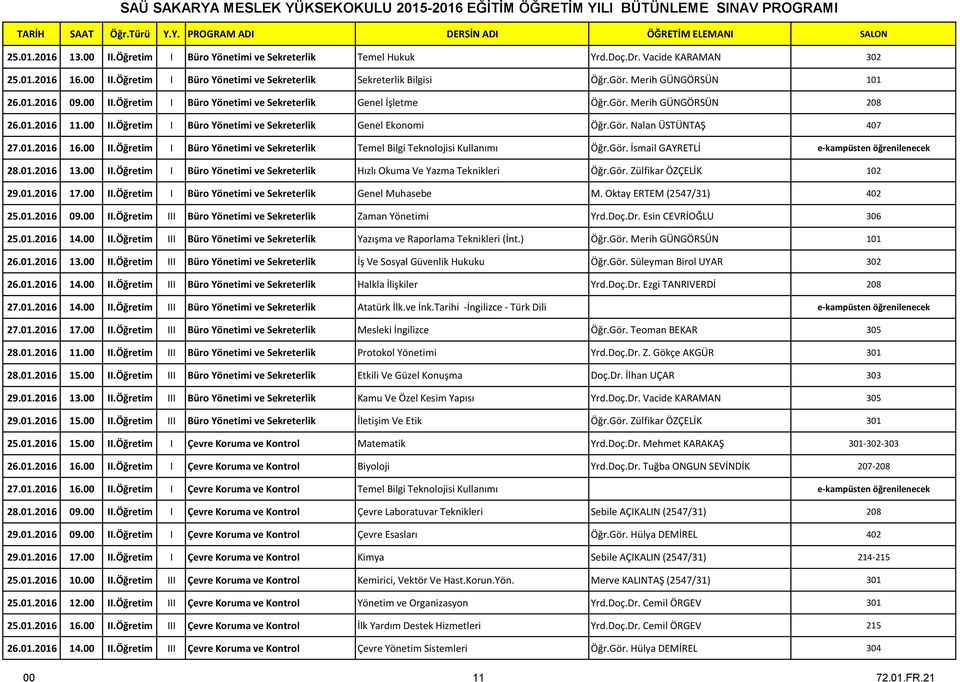 00 II.Öğretim I Büro Yönetimi ve Sekreterlik Genel İşletme Öğr.Gör. Merih GÜNGÖRSÜN 208 26.01.2016 11.00 II.Öğretim I Büro Yönetimi ve Sekreterlik Genel Ekonomi Öğr.Gör. Nalan ÜSTÜNTAŞ 407 27.01.2016 16.