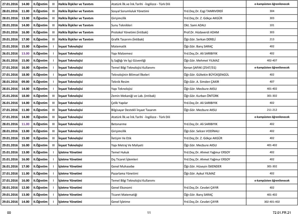 Sami ADALI 101 29.01.2016 16.00 II.Öğretim III Halkla İlişkiler ve Tanıtım Protokol Yönetimi (İntibak) Prof.Dr. Hüdaverdi ADAM 303 29.01.2016 17.00 II.Öğretim III Halkla İlişkiler ve Tanıtım Grafik Tasarımı (İntibak) Öğr.