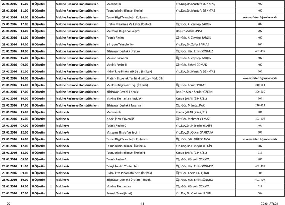 Gör. A. Zeynep BARÇIN 407 28.01.2016 14.00 II.Öğretim I Makine Resim ve Konstrüksiyon Malzeme Bilgisi Ve Seçimi Doç.Dr. Adem ONAT 302 29.01.2016 13.00 II.Öğretim I Makine Resim ve Konstrüksiyon Teknik Resim Öğr.