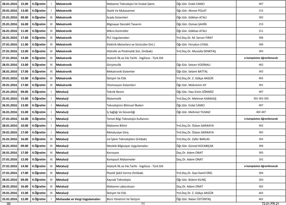 Gör. Gökhan ATALI 211 26.01.2016 17.00 II.Öğretim III Mekatronik PLC Uygulamaları Yrd.Doç.Dr. M. Server FIRAT 306 27.01.2016 11.00 II.Öğretim III Mekatronik Elektrik Motorlaro ve Sürücüler (İnt.) Öğr.