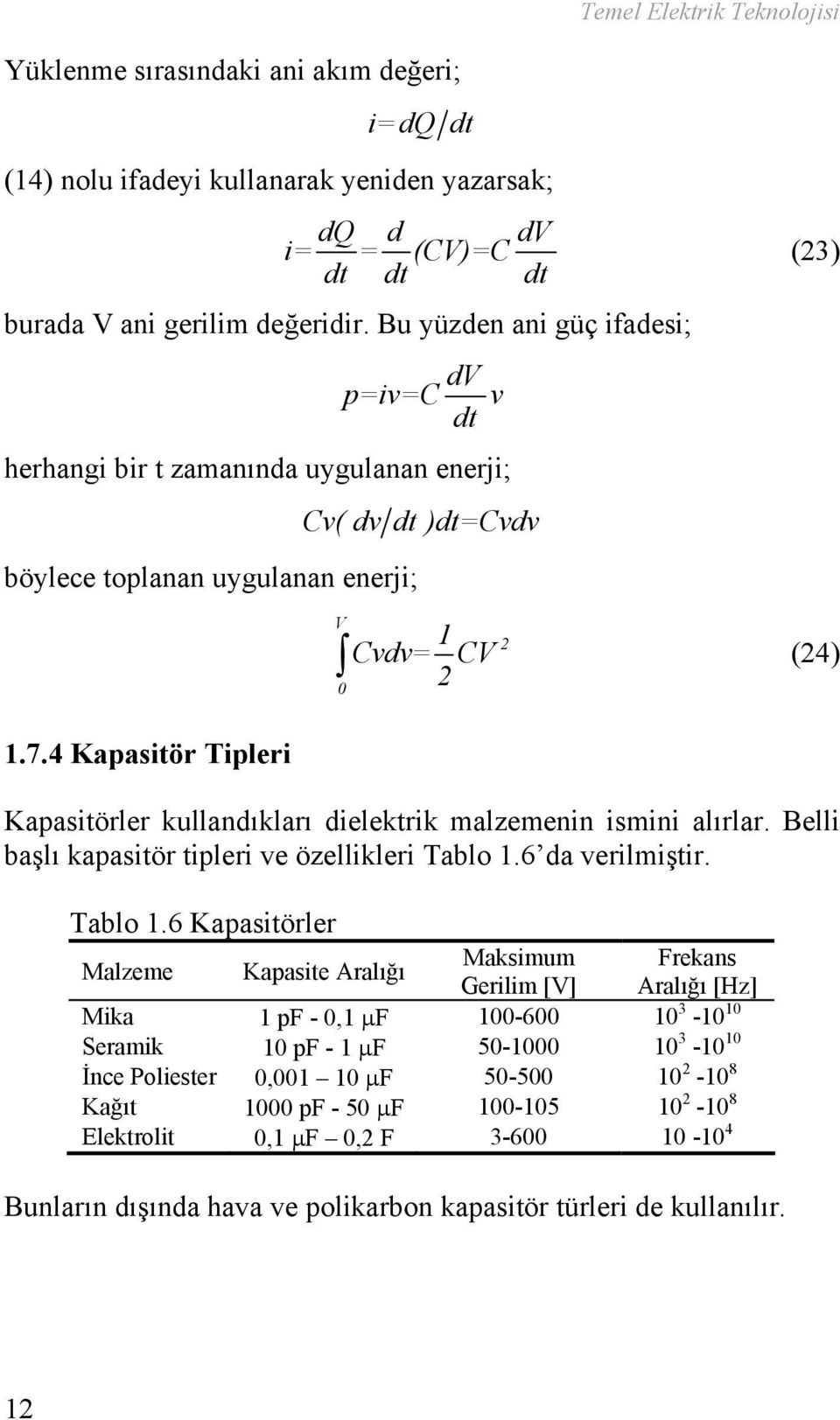 4 Kapasitör Tipleri Kapasitörler kullandıkları dielektrik malzemenin ismini alırlar. Belli başlı kapasitör tipleri ve özellikleri Tablo 1.