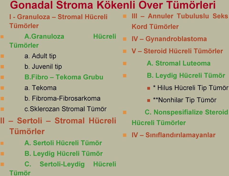Leydig Hücreli Tümör C. Sertoli-Leydig Hücreli Tümör III Annuler Tubuluslu Seks Kord Tümörler IV Gynandroblastoma V Steroid Hücreli Tümörler A.