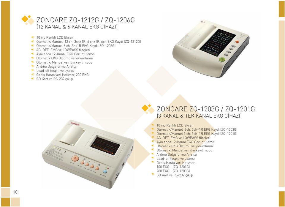 Hasta veri Hafızası; 200 EKG SD Kart ve RS-232 çıkışı ZONCARE ZQ-1203G / ZQ-1201G (3 KANAL & TEK KANAL EKG CİHAZI) 10 inç Renkli LCD Ekran Otomatik/Manuel 3ch, 3ch+1R EKG Kaydı (ZQ-1203G)