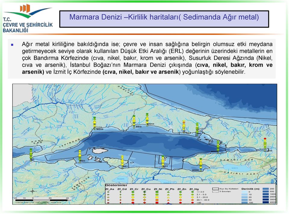 Körfezinde (cıva, nikel, bakır, krom ve arsenik), Susurluk Deresi Ağzında (Nikel, cıva ve arsenik), İstanbul Boğazı nın Marmara