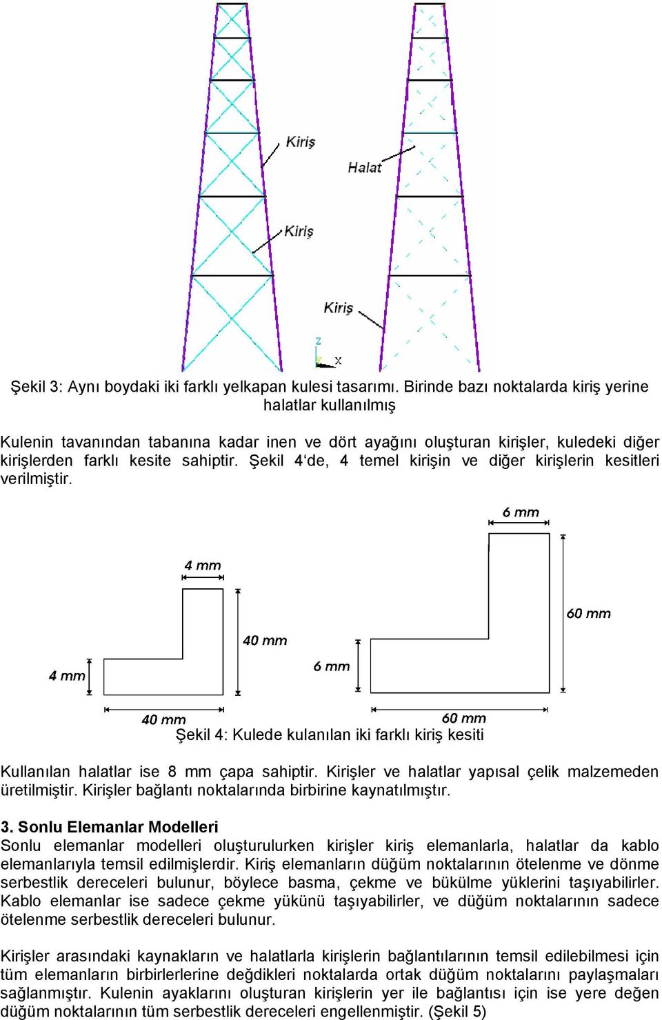 Şekil 4 de, 4 temel kirişin ve diğer kirişlerin kesitleri verilmiştir. Şekil 4: Kulede kulanılan iki farklı kiriş kesiti Kullanılan halatlar ise 8 mm çapa sahiptir.