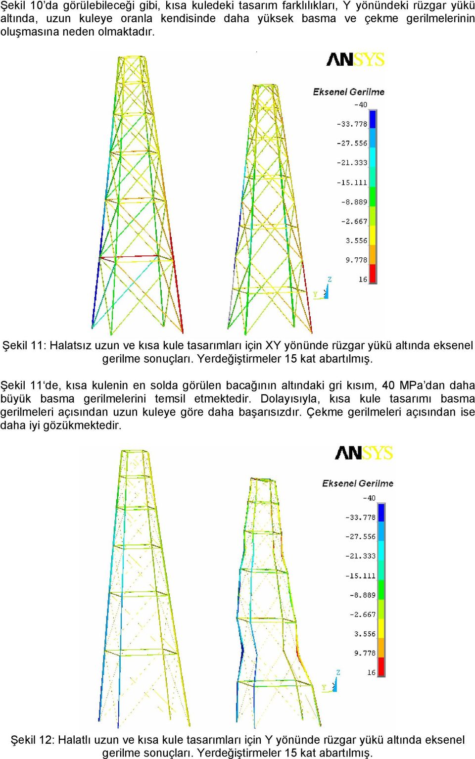 Şekil 11 de, kısa kulenin en solda görülen bacağının altındaki gri kısım, 40 MPa dan daha büyük basma gerilmelerini temsil etmektedir.