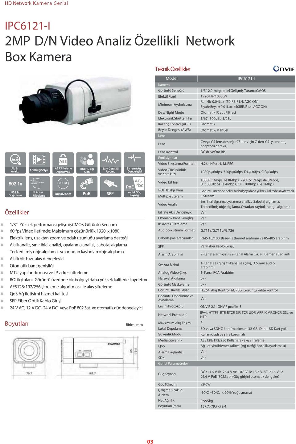 Sensörü 60 fps Video iletimde; Maksimum çözünürlük 1920 x 1080 Elektrik lens, uzaktan zoom ve odak uzunluğu ayarlama desteği Akıllı analiz, sınır ihlal analizi, oyalanma analizi, sabotaj algılama