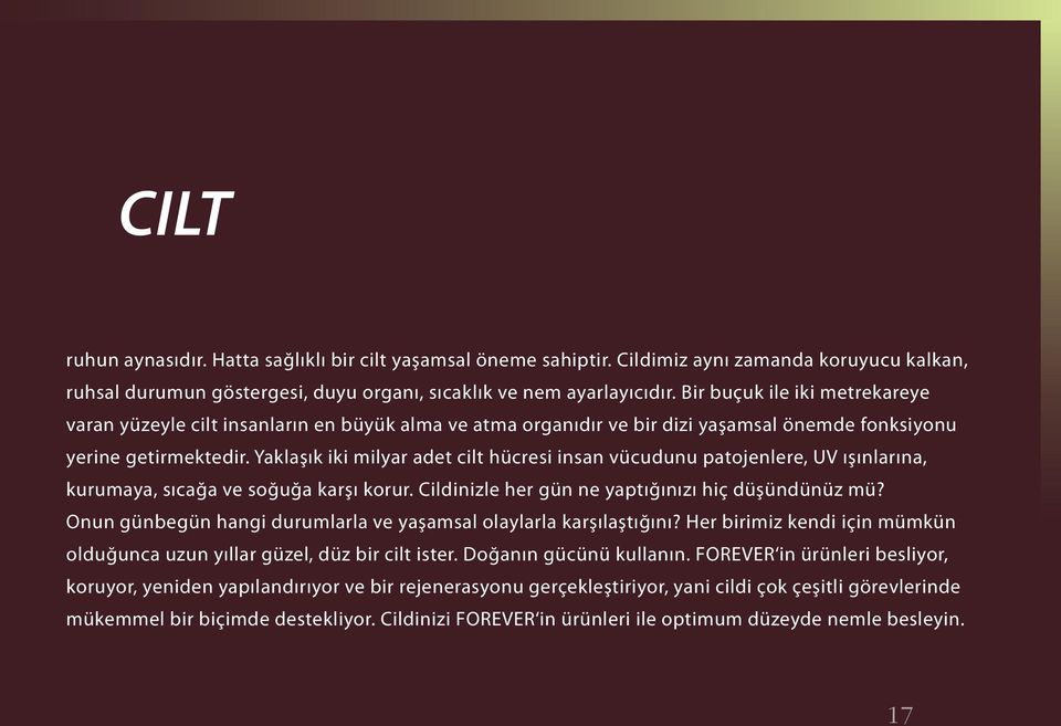 Yaklaşık iki milyar adet cilt hücresi insan vücudunu patojenlere, UV ışınlarına, kurumaya, sıcağa ve soğuğa karşı korur. Cildinizle her gün ne yaptığınızı hiç düşündünüz mü?