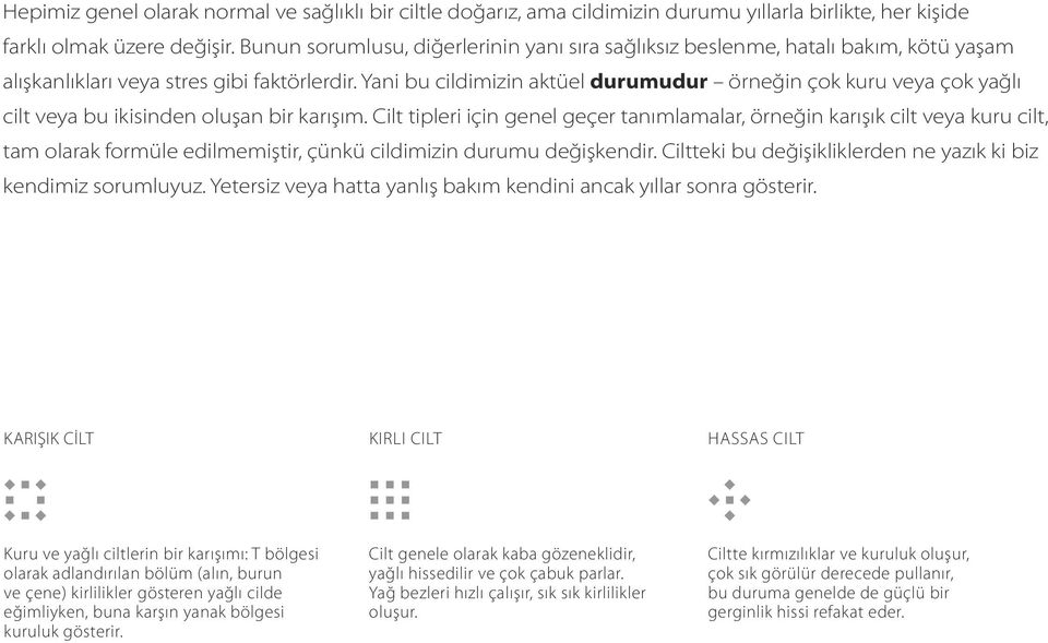 Yani bu cildimizin aktüel durumudur örneğin çok kuru veya çok yağlı cilt veya bu ikisinden oluşan bir karışım.