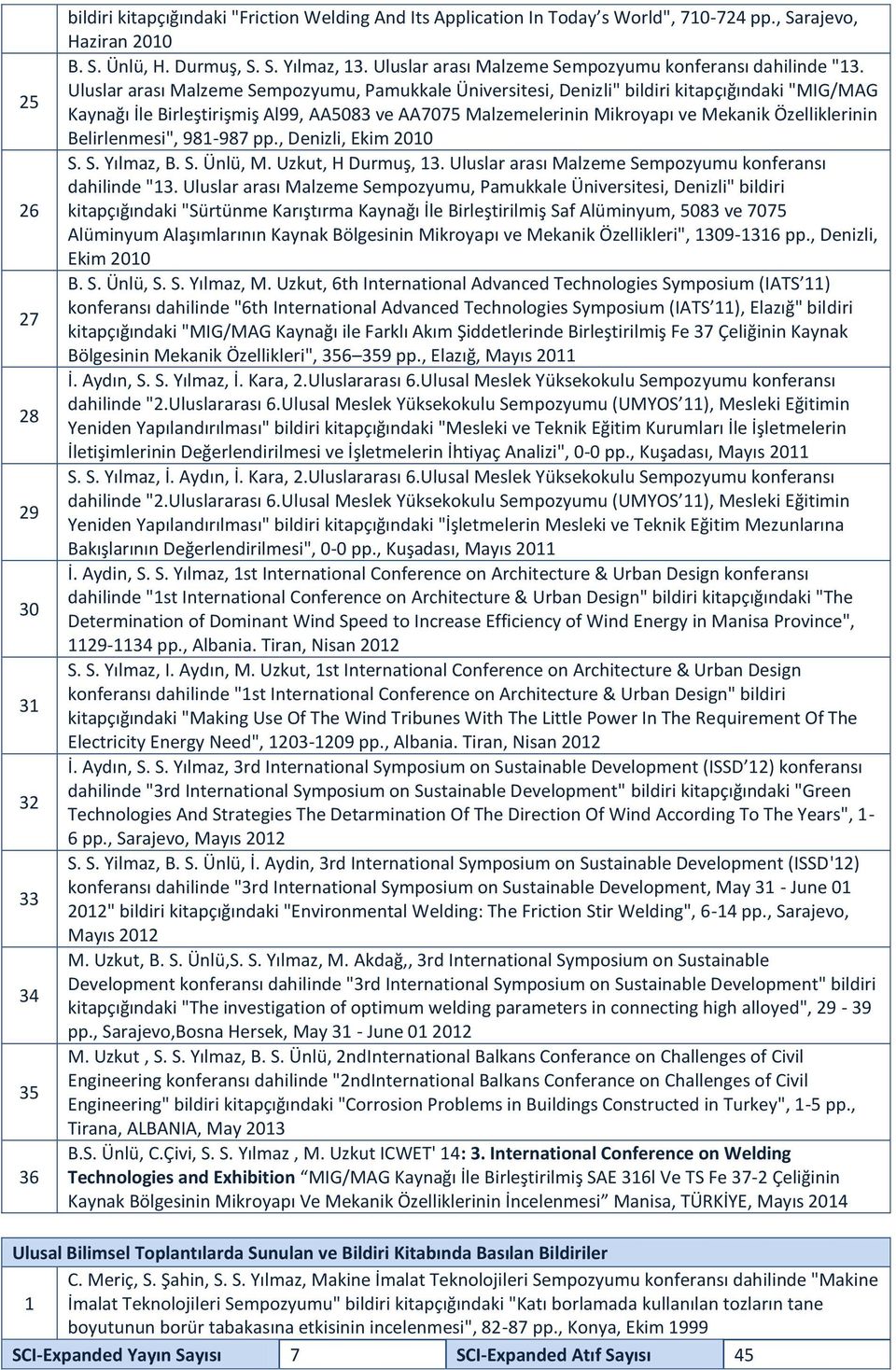 Uluslar arası Malzeme Sempozyumu, Pamukkale Üniversitesi, Denizli" bildiri kitapçığındaki "MIG/MAG Kaynağı İle Birleştirişmiş Al99, AA5083 ve AA7075 Malzemelerinin Mikroyapı ve Mekanik Özelliklerinin