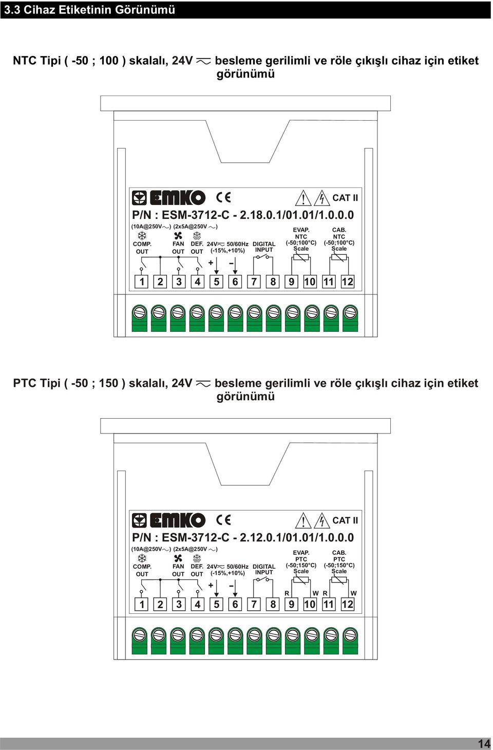 NTC (-50;100 C) Scale 1 2 3 4 5 6 7 8 9 10 11 12 PTC Tipi ( -50 ; 150 ) skalalý, 24V besleme gerilimli ve röle çýkýþlý cihaz için etiket görünümü P/N : ESM-3712-C - 2.12.0.1/01.