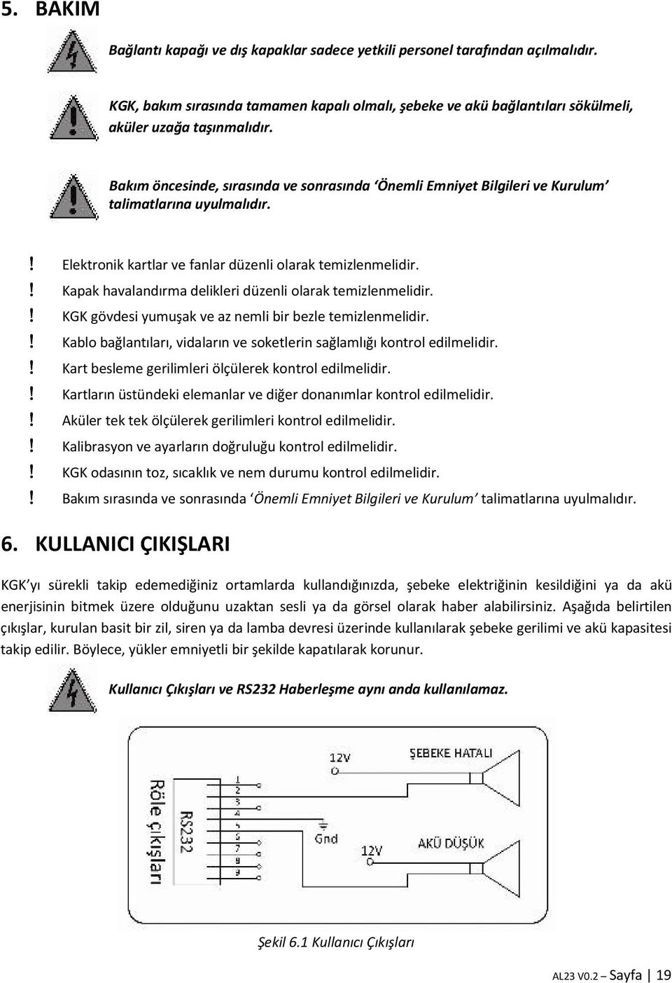 ! Kapak havalandırma delikleri düzenli olarak temizlenmelidir.! KGK gövdesi yumuşak ve az nemli bir bezle temizlenmelidir.! Kablo bağlantıları, vidaların ve soketlerin sağlamlığı kontrol edilmelidir.