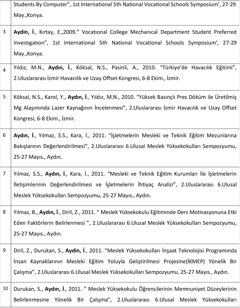 , 200. Türkiye de Havacılık Eğitimi, 2.Uluslararası İzmir Havacılık ve Uzay Offset Kongresi, 6-8 Ekim., İzmir. 5 Köksal, N.S., Karol, Y., Aydın, İ., Yıldız, M.N., 200. Yüksek Basınçlı Pres Döküm ile Üretilmiş Mg Alaşımında Lazer Kaynağının İncelenmesi, 2.