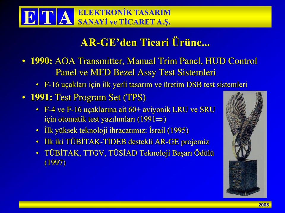 için ilk yerli tasarım ve üretim DSB test sistemleri 1991: Test Program Set (TPS) F-4 ve F-16 uçaklarına ait 60+