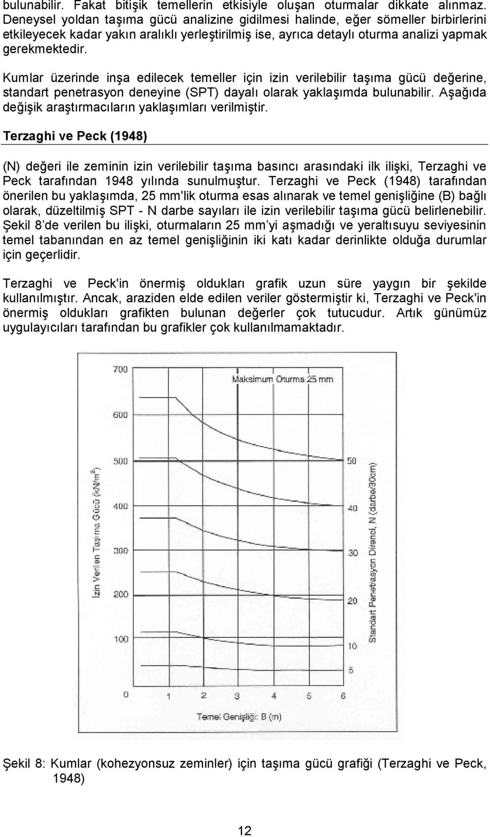 Kumlar üzerinde inşa edilecek temeller için izin erilebilir taşıma gücü değerine, standart penetrasyon deneyine (SPT) dayalı olarak yaklaşımda bulunabilir.