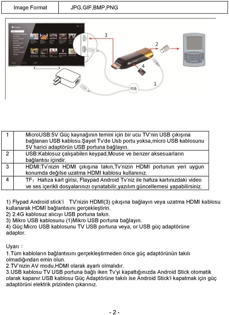 3 HDMI:Tv nizin HDMI çıkışına takın,tv nizin HDMI portunun yeri uygun konumda değilse uzatma HDMI kablosu kullanınız.