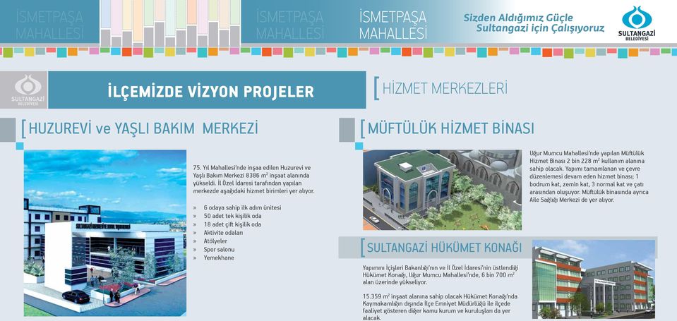 6 odaya sahip ilk adım ünitesi 50 adet tek kişilik oda 18 adet çift kişilik oda Aktivite odaları Atölyeler Spor salonu Yemekhane SULTANGAZİ HÜKÜMET KONAĞI Yapımını İçişleri Bakanlığı nın ve İl Özel