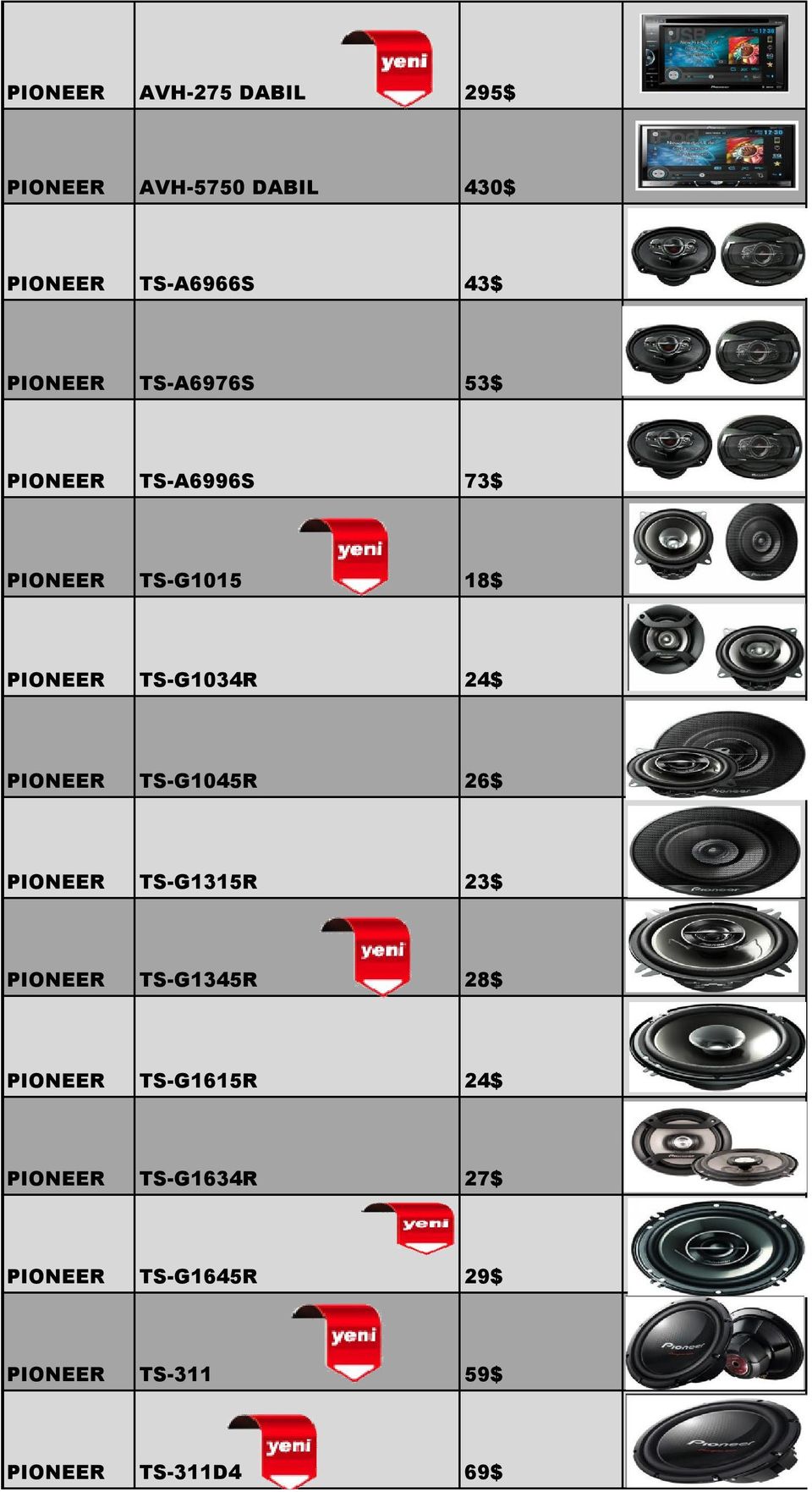 24$ PIONEER TS-G1045R 26$ PIONEER TS-G1315R 23$ PIONEER TS-G1345R 28$ PIONEER