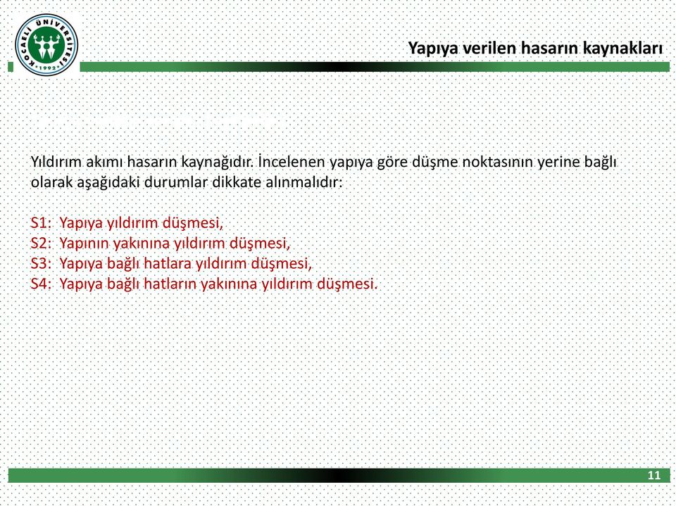 İncelenen yapıya göre düşme noktasının yerine bağlı olarak aşağıdaki durumlar dikkate