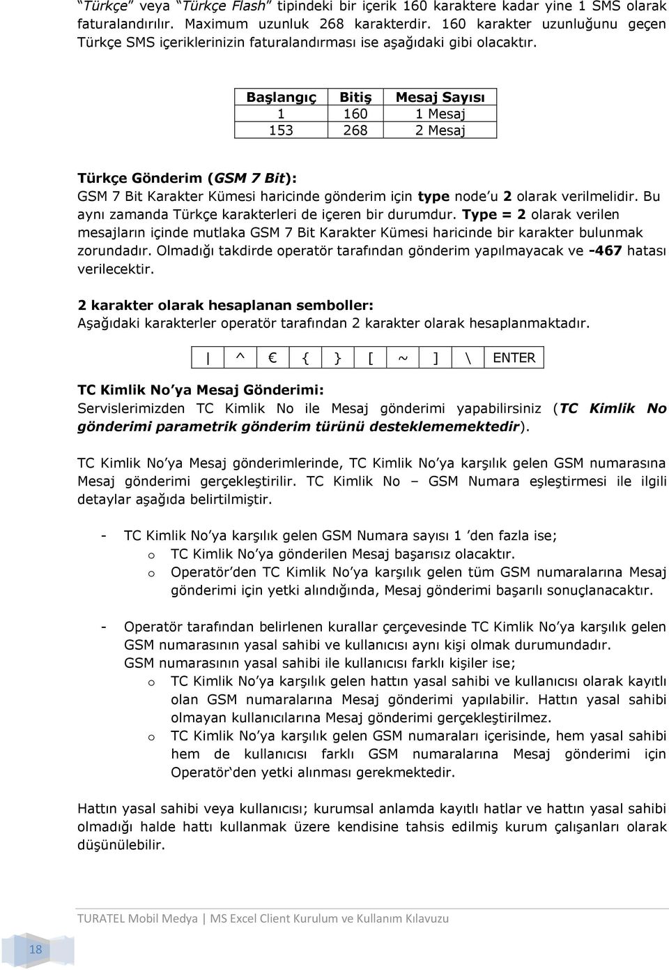 Başlangıç Bitiş Mesaj Sayısı 1 160 1 Mesaj 153 268 2 Mesaj Türkçe Gönderim (GSM 7 Bit): GSM 7 Bit Karakter Kümesi haricinde gönderim için type node u 2 olarak verilmelidir.