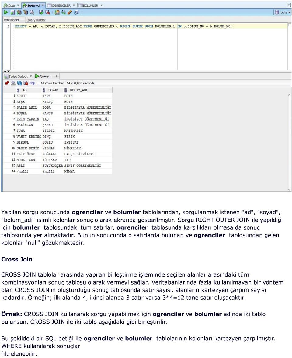 Bunun sonucunda o satırlarda bulunan ve ogrenciler tablosundan gelen kolonlar "null" gözükmektedir.