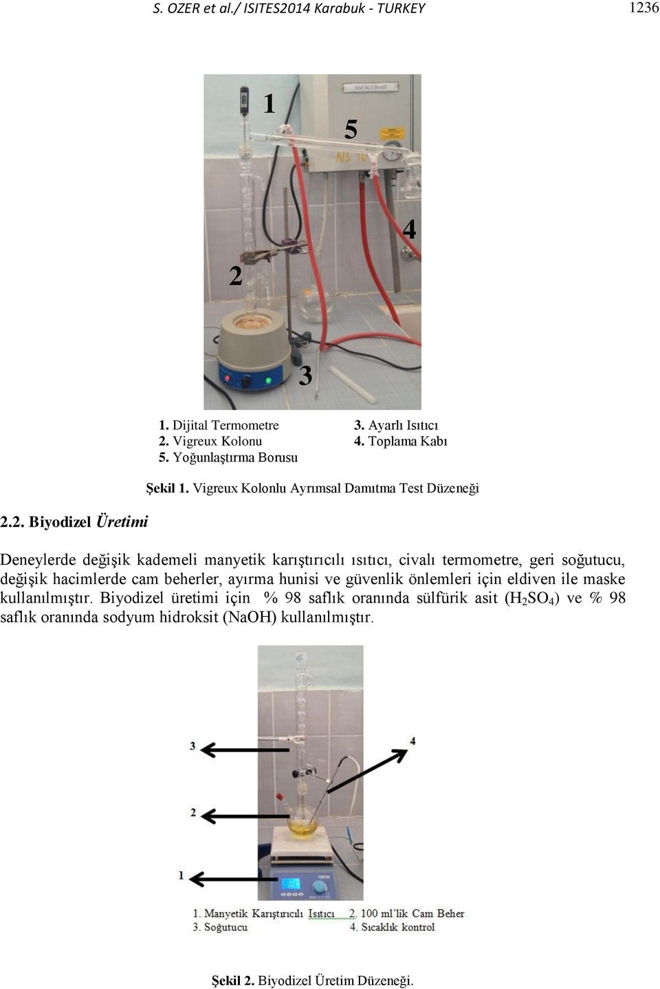 Vigreux Kolonlu Ayrımsal Damıtma Test Düzeneği Deneylerde değişik kademeli manyetik karıştırıcılı ısıtıcı, civalı termometre, geri soğutucu, değişik