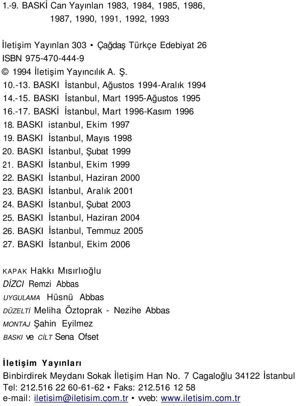 BASKI İstanbul, Şubat 1999 21. BASKI İstanbul, Ekim 1999 22. BASKI İstanbul, Haziran 2000 23. BASKI İstanbul, Aralık 2001 24. BASKI İstanbul, Şubat 2003 25. BASKI İstanbul, Haziran 2004 26.