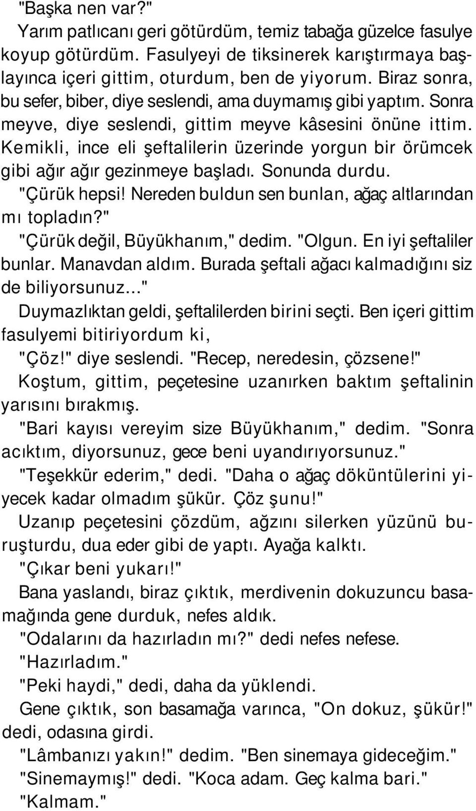 Kemikli, ince eli şeftalilerin üzerinde yorgun bir örümcek gibi ağır ağır gezinmeye başladı. Sonunda durdu. "Çürük hepsi! Nereden buldun sen bunlan, ağaç altlarından mı topladın?