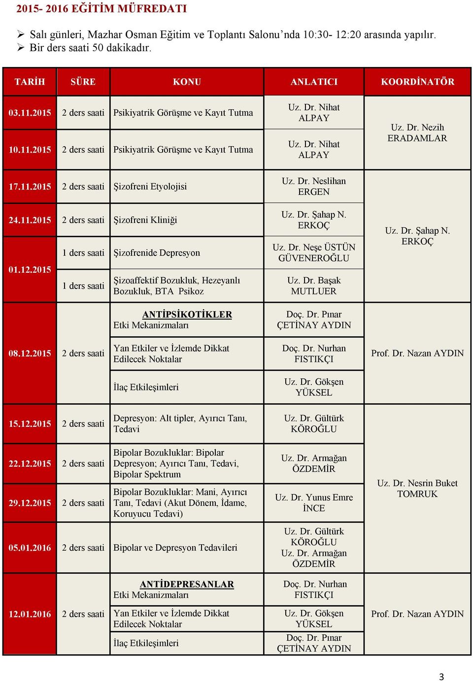 11.2015 2 ders saati Şizofreni Kliniği 01.12.2015 1 ders saati Şizofrenide Depresyon 1 ders saati Şizoaffektif Bozukluk, Hezeyanlı Bozukluk, BTA Psikoz ANTİPSİKOTİKLER Etki Mekanizmaları Uz. Dr.
