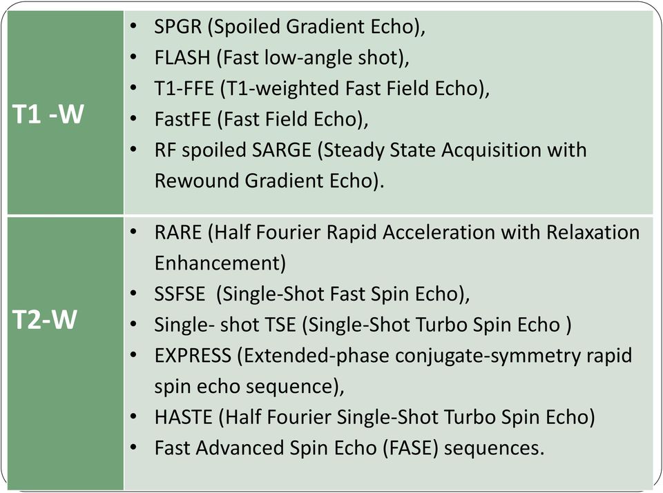 RARE (Half Fourier Rapid Acceleration with Relaxation Enhancement) SSFSE (Single-Shot Fast Spin Echo), Single- shot TSE