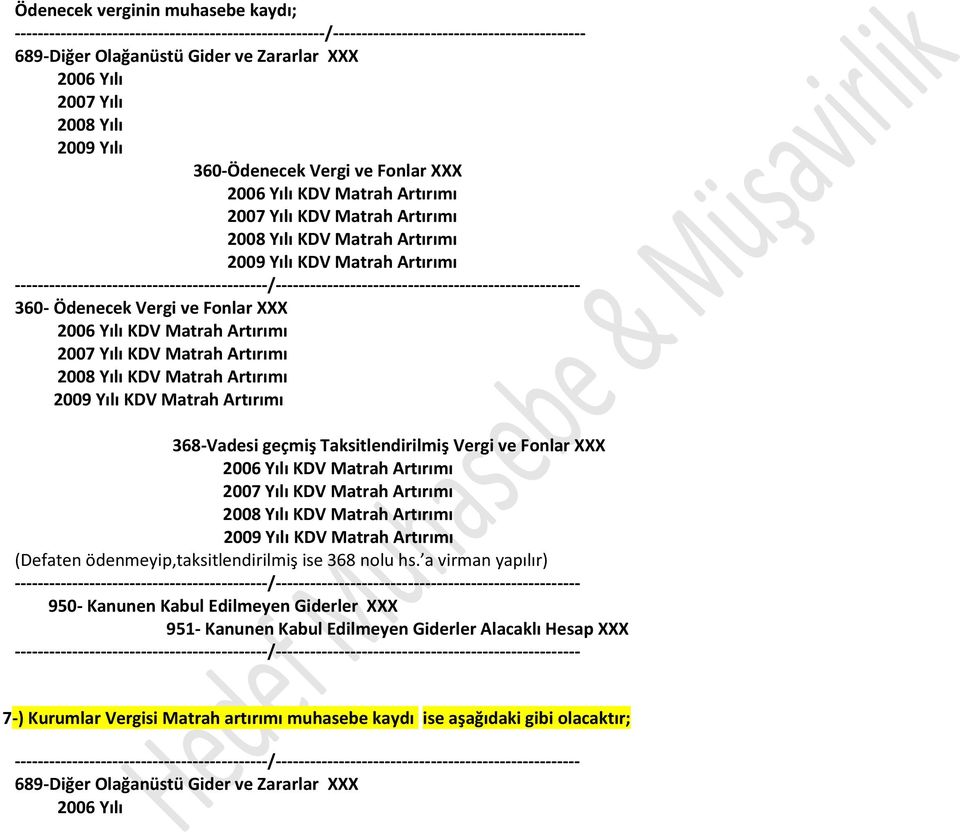 2009 Yılı KDV Matrah Artırımı 368-Vadesi geçmiş Taksitlendirilmiş Vergi ve Fonlar XXX 2006 Yılı KDV Matrah Artırımı 2007 Yılı KDV Matrah Artırımı 2008 Yılı KDV Matrah Artırımı 2009 Yılı KDV Matrah