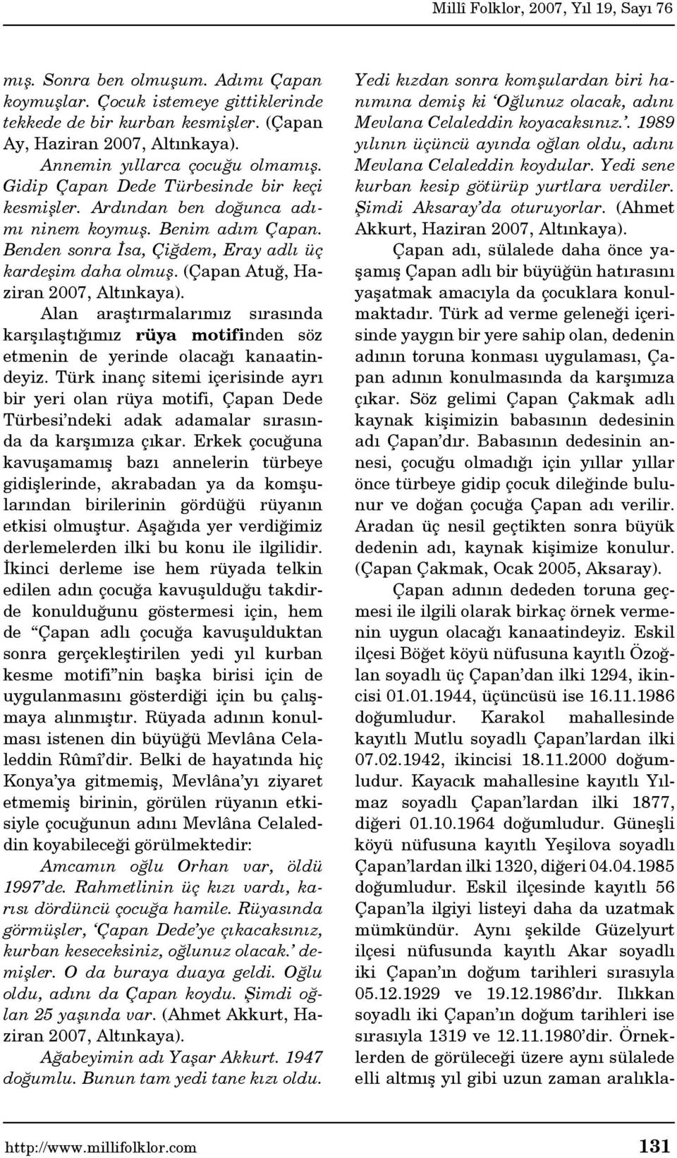 (Çapan Atuğ, Haziran 2007, Altınkaya). Alan araştırmalarımız sırasında karşılaştığımız rüya motifinden söz etmenin de yerinde olacağı kanaatindeyiz.