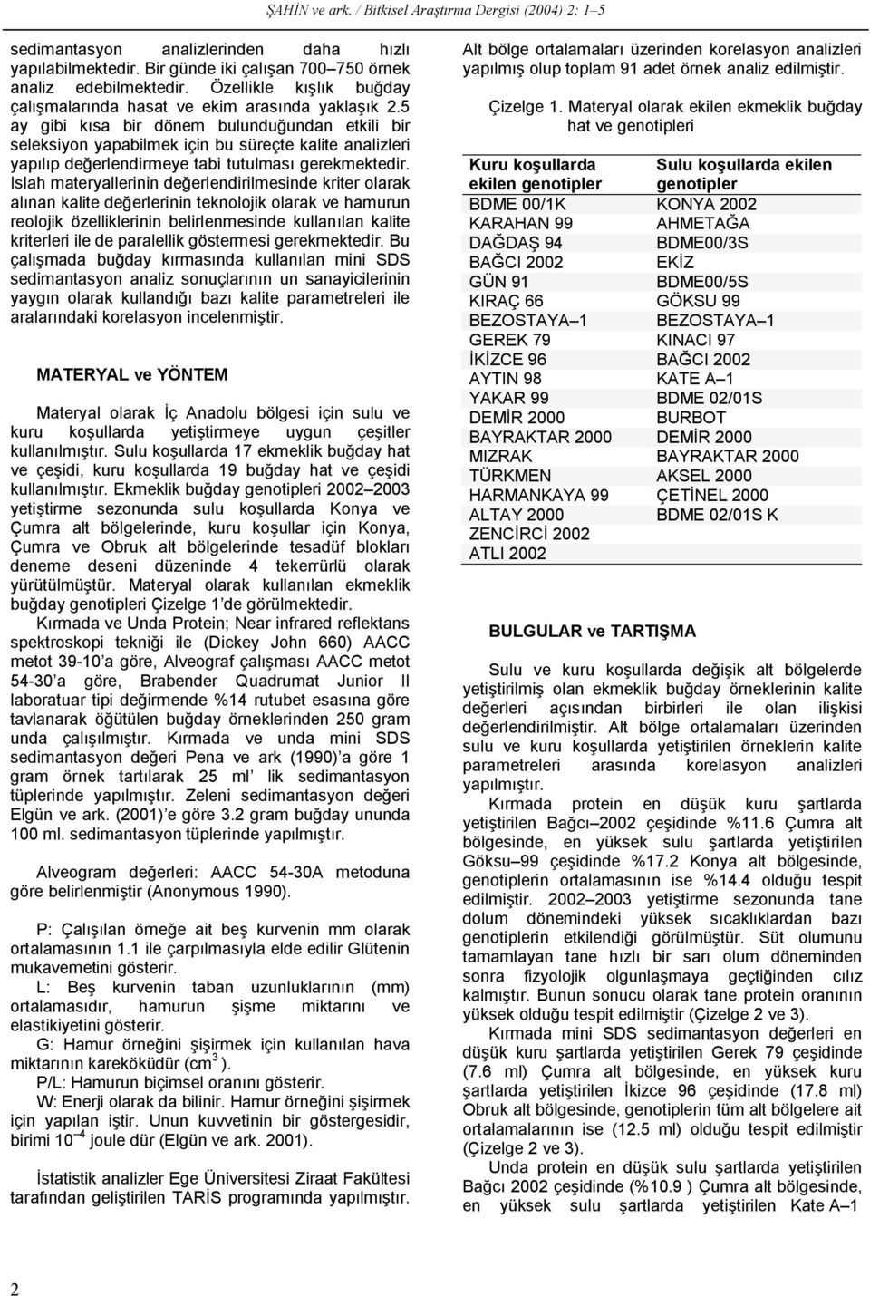 Islah materyallerinin değerlendirilmesinde kriter olarak alınan kalite değerlerinin teknolojik olarak ve hamurun reolojik özelliklerinin belirlenmesinde kullanılan kalite kriterleri ile de paralellik