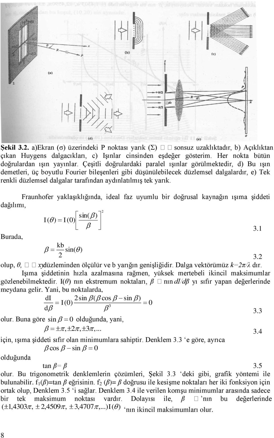 aydınlatılmış tek yarık. Fraunhofer yaklaşıklığında, ideal faz uyumlu bir doğrusal kaynağın ışıma şiddeti dağılımı, sin( ) I( ) I(0) 3.1 Burada, kb sin( ) 3.