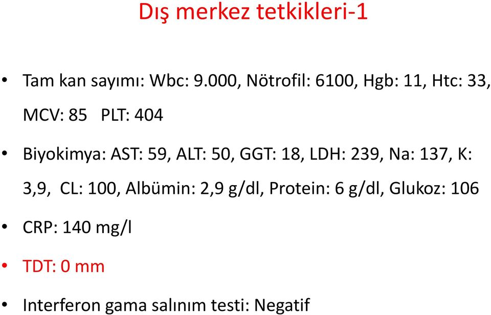 59, ALT: 50, GGT: 18, LDH: 239, Na: 137, K: 3,9, CL: 100, Albümin: 2,9