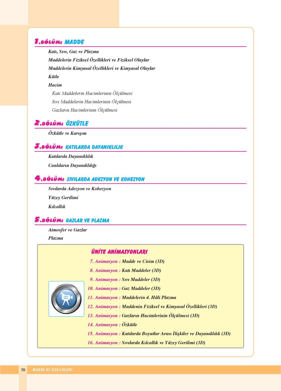 BÖLÜM: SIVILARA AEZON VE KOHEZON Sıvılarda Adezyon ve Kohezyon üzey Gerilimi Kılcallık 5.BÖLÜM: GAZLAR VE PLAZMA Atmosfer ve Gazlar Plazma ÜNİTE ANİMASONLARI 7. Animasyon : Madde ve Cisim (3) 8.