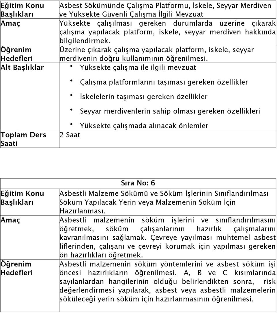 Alt Başlıklar Yüksekte çalışma ile ilgili mevzuat Çalışma platformlarını taşıması gereken özellikler İskelelerin taşıması gereken özellikler Seyyar merdivenlerin sahip olması gereken özellikleri 2