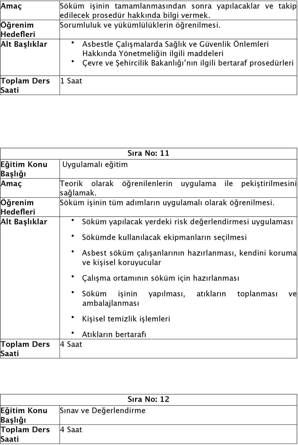 Teorik olarak öğrenilenlerin uygulama ile pekiştirilmesini sağlamak. Söküm işinin tüm adımların uygulamalı olarak öğrenilmesi.