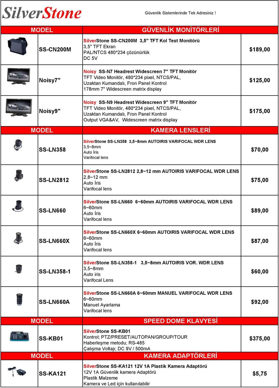 Monitör, 480*234 pixel, NTCS/PAL, Uzaktan Kumandalı, Fron Panel Kontrol Output VGA&AV, Widescreen matrix display KAMERA LENSLERİ SilverStone SS-LN358 3,5~8mm AUTOIRIS VARIFOCAL WDR LENS 3,5~8mm Auto