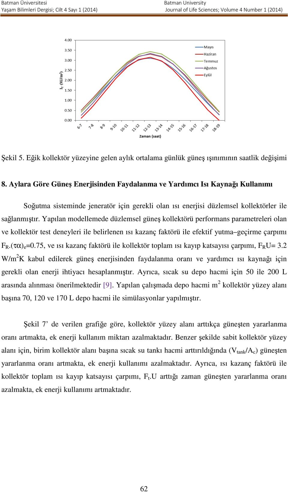 Yaılan modellemede düzlemsel güneş kollektörü erformans arametreleri olan ve kollektör test deneyleri ile belirlenen ısı kazanç faktörü ile efektif yutma geçirme çarımı F R.(τα) e =0.