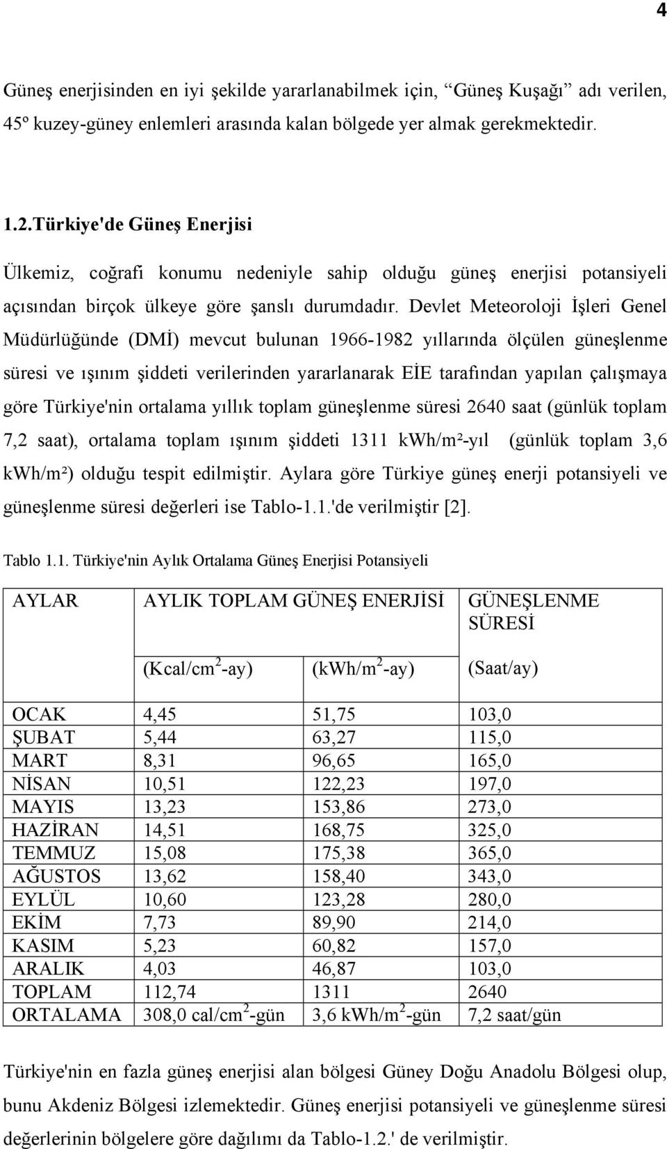 Devlet Meteoroloji İşleri Genel Müdürlüğünde (DMİ) mevcut bulunan 1966-1982 yıllarında ölçülen güneşlenme süresi ve ışınım şiddeti verilerinden yararlanarak EİE tarafından yapılan çalışmaya göre