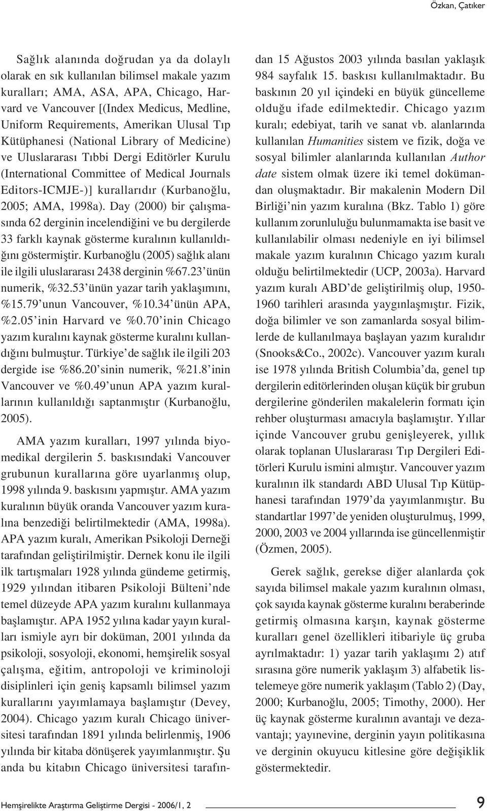 (Kurbanoğlu, 2005; AMA, 1998a). Day (2000) bir çalıșmasında 62 derginin incelendiğini ve bu dergilerde 33 farklı kaynak gösterme kuralının kullanıldığını göstermiștir.