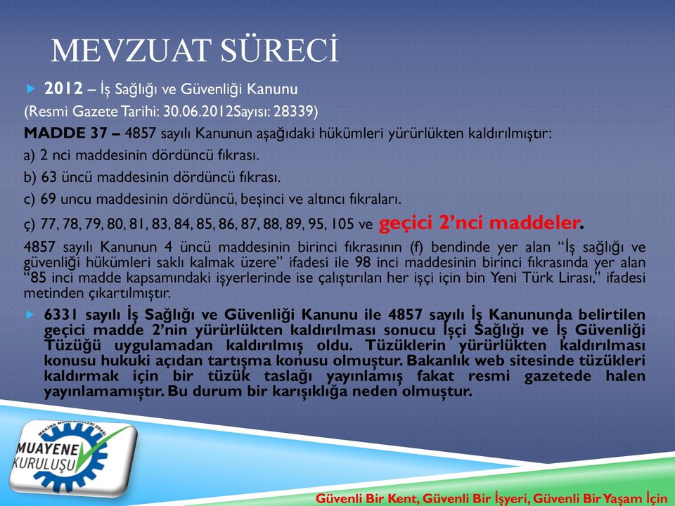 c) 69 uncu maddesinin dördüncü, beşinci ve altıncı fıkraları. ç) 77, 78, 79, 80, 81, 83, 84, 85, 86, 87, 88, 89, 95, 105 ve geçici 2 nci maddeler.