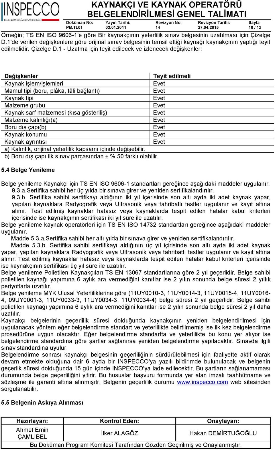 1 - Uzatma için teyit edilecek ve izlenecek değişkenler: Değişkenler Teyit edilmeli Kaynak işlem/işlemleri Mamul tipi (boru, plâka, tâli bağlantı) Kaynak tipi Malzeme grubu Kaynak sarf malzemesi