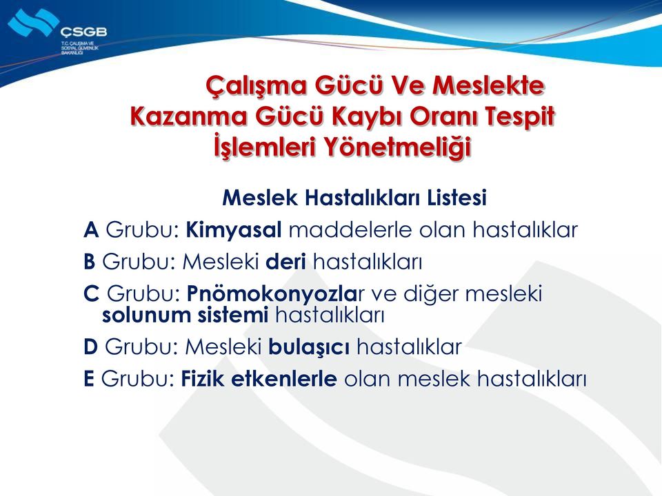 deri hastalıkları C Grubu: Pnömokonyozlar ve diğer mesleki solunum sistemi